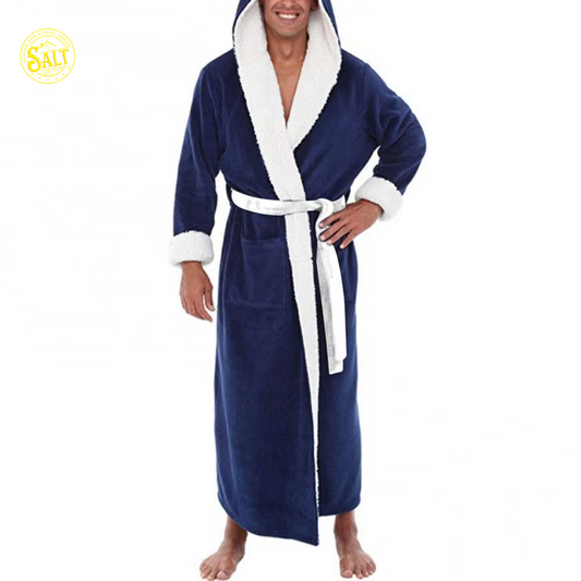 Pockets Soft Men Coral Fleece Color Block Long Bath Robe Home Gown Sleepwear