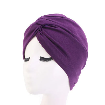 Muslim Women Stretchy Solid Cross Knot Cotton Turban Hat Chemo Beanie Cap Headwear Headwrap Plated for Cancer Hair Loss Cover