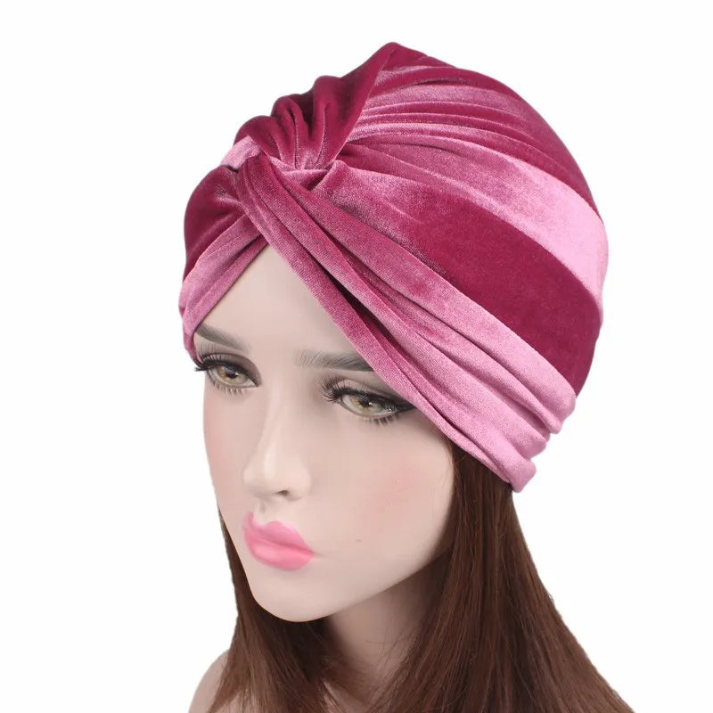 Soft Velvet Stretchy Turban Bonnet Muslim Winter Warm Hat Forehead Cross Hijab Caps Female Underscarf Cap Indian Hat Turbante