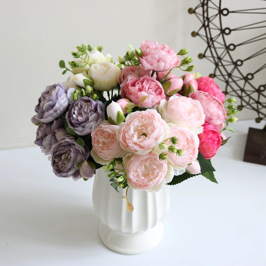 Artificial Peony & Rose Bouquet | Silk Flowers for Home & Wedding Decor