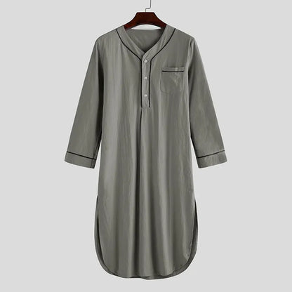 Men's Casual Long Sleeve V-neck Pajamas Fashion Homewear Loose Fit Solid Color Premium Pajamas Nightgown 2024 New