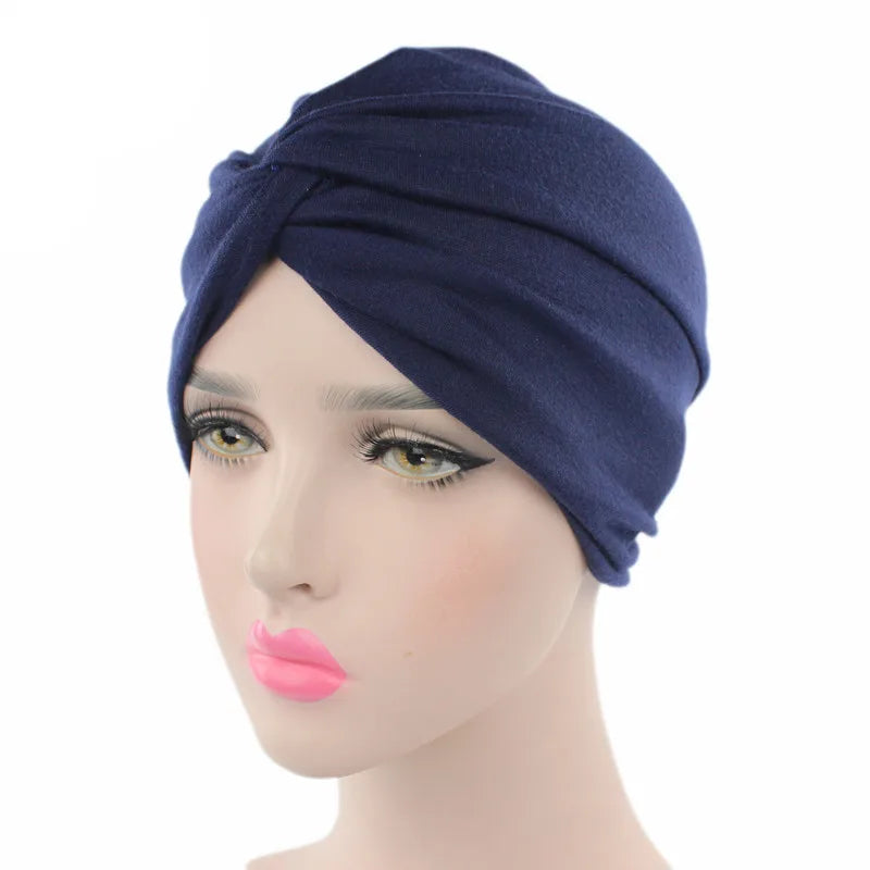 Muslim Women Stretchy Solid Cross Knot Cotton Turban Hat Chemo Beanie Cap Headwear Headwrap Plated for Cancer Hair Loss Cover