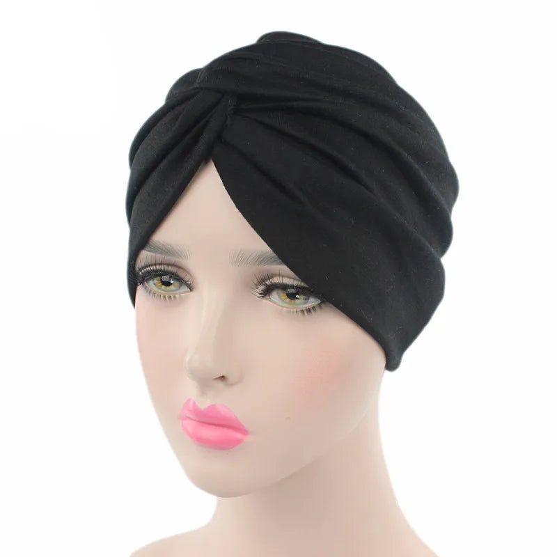 Muslim Women Stretchy Solid Cross Knot Cotton Turban Hat Chemo Beanie Cap Headwear Headwrap Plated for Cancer Hair Loss Cover