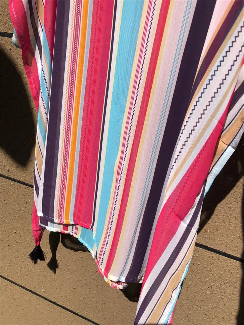 2023 Striped Tunic for Beach Bathing suit cover ups Chiffon Beach Dress Women Beachwear Bikini cover up Saida de Praia #Q533