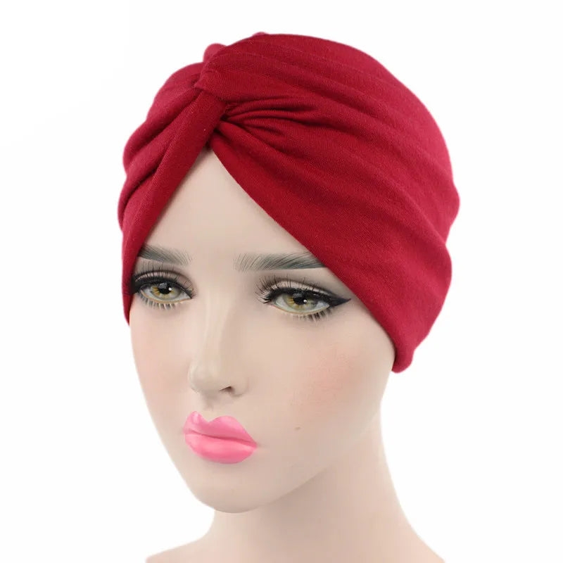 Muslim Women Stretchy Solid Cross Knot Cotton Turban Hat Chemo Beanie Cap Headwear Headwrap Plated for Cancer Hair Loss Cover