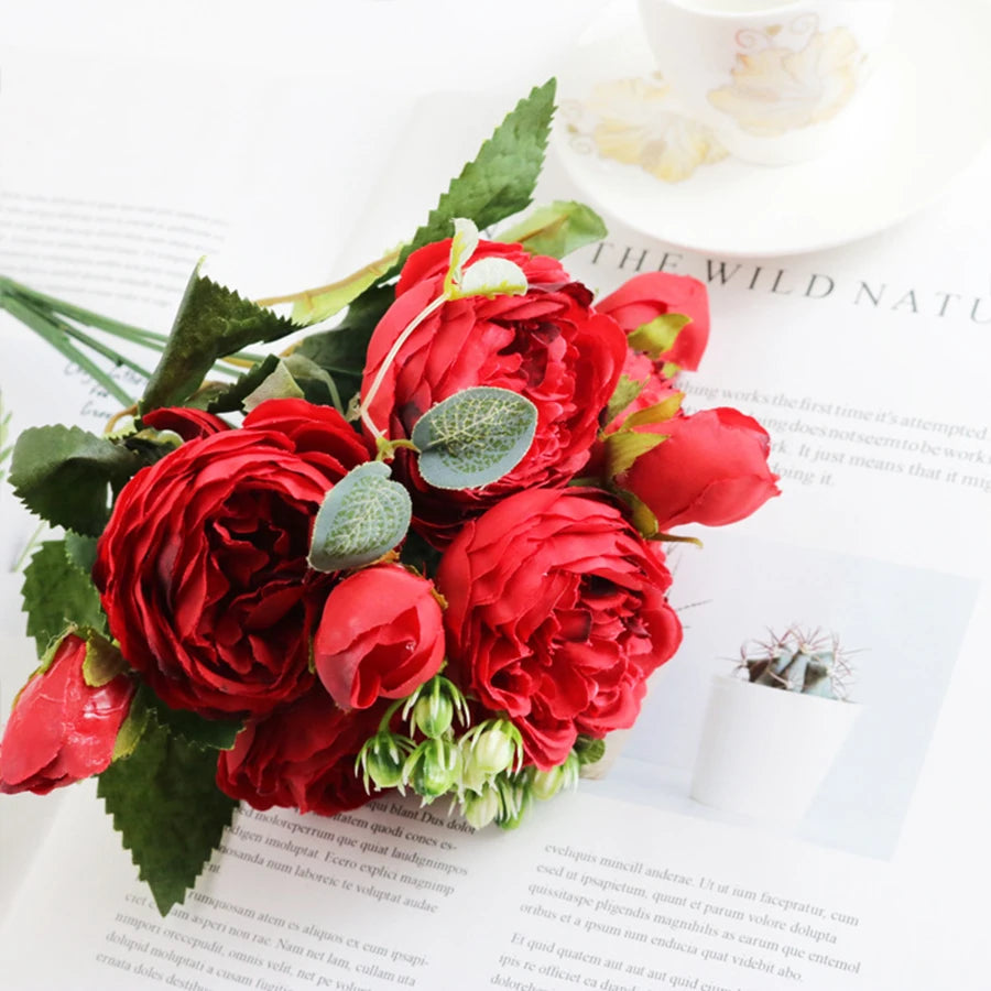 Artificial Peony & Rose Bouquet | Silk Flowers for Home & Wedding Decor