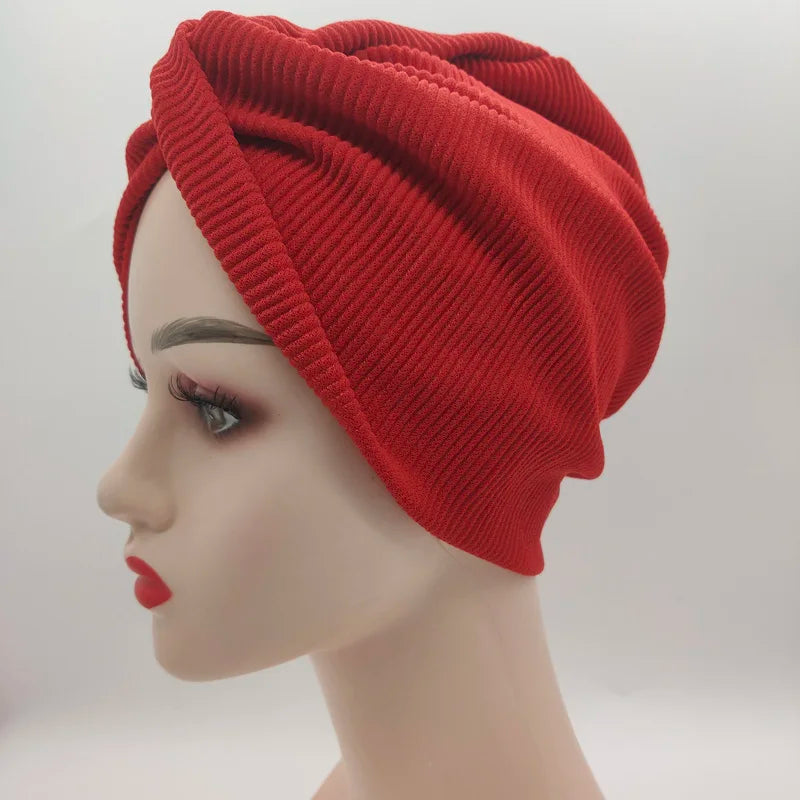 Rippled Twist Turban Caps for Women Muslim Headscarf Bonnet Stretchy Female Head Wraps Solid Cotton Turbante Indian Hat