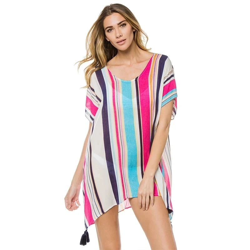 2023 Striped Tunic for Beach Bathing suit cover ups Chiffon Beach Dress Women Beachwear Bikini cover up Saida de Praia #Q533