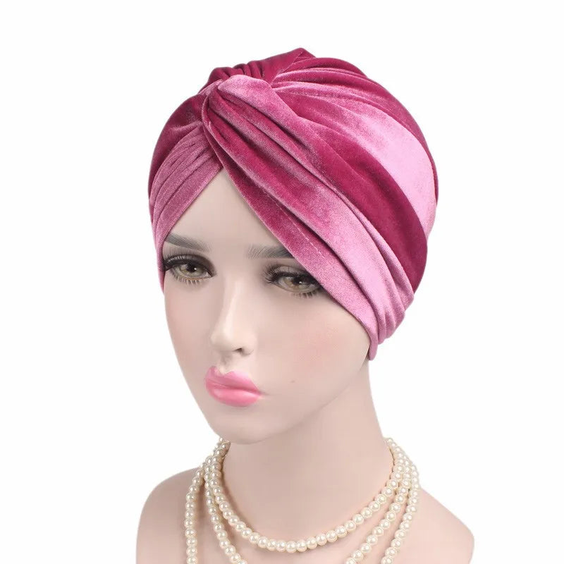 Soft Velvet Stretchy Turban Bonnet Muslim Winter Warm Hat Forehead Cross Hijab Caps Female Underscarf Cap Indian Hat Turbante