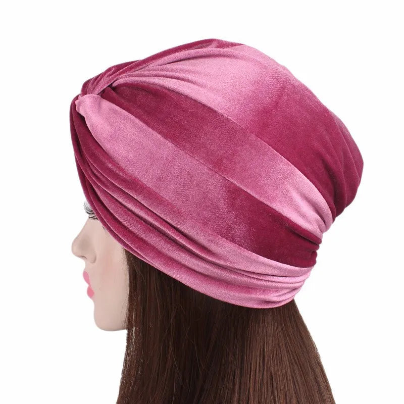 Soft Velvet Stretchy Turban Bonnet Muslim Winter Warm Hat Forehead Cross Hijab Caps Female Underscarf Cap Indian Hat Turbante