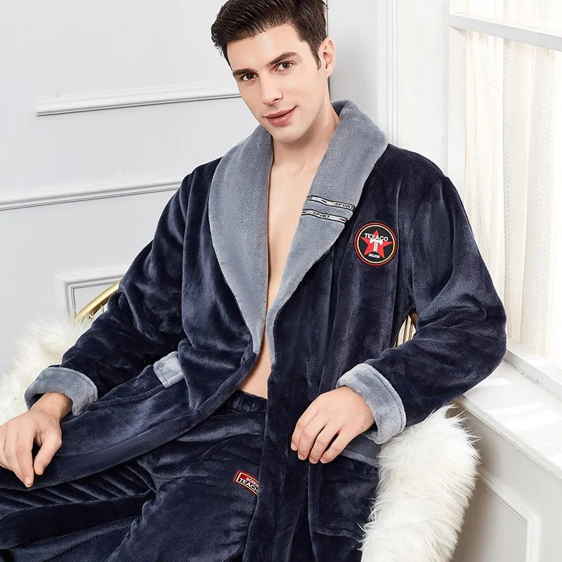 Autumn Winter Warm Male Sleepwear Big Size Flannel Men Robe Nightwear Thick Long Bathrobe Nightgown  Loungewear Casual Home Wear