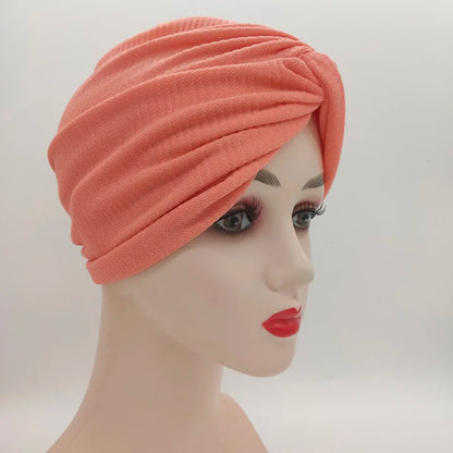 Rippled Twist Turban Caps for Women Muslim Headscarf Bonnet Stretchy Female Head Wraps Solid Cotton Turbante Indian Hat