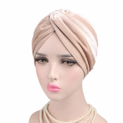 Soft Velvet Stretchy Turban Bonnet Muslim Winter Warm Hat Forehead Cross Hijab Caps Female Underscarf Cap Indian Hat Turbante