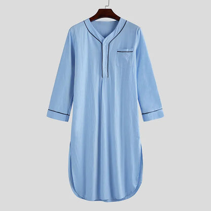 Men's Casual Long Sleeve V-neck Pajamas Fashion Homewear Loose Fit Solid Color Premium Pajamas Nightgown 2024 New