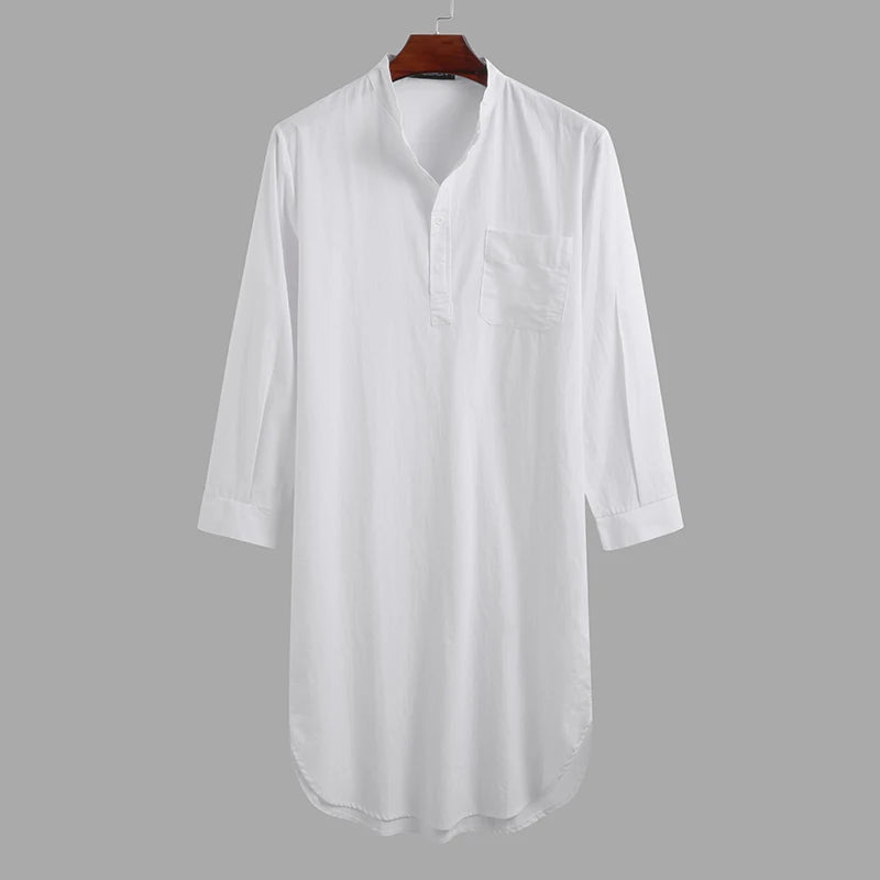 Men's Cotton Button-down Sleep Robe Solid Color Stand Neck Long Sleeve Nightgown Fashion Comfortable Home Loose Bathrobe