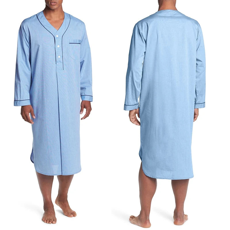 Men's Casual Long Sleeve V-neck Pajamas Fashion Homewear Loose Fit Solid Color Premium Pajamas Nightgown 2024 New