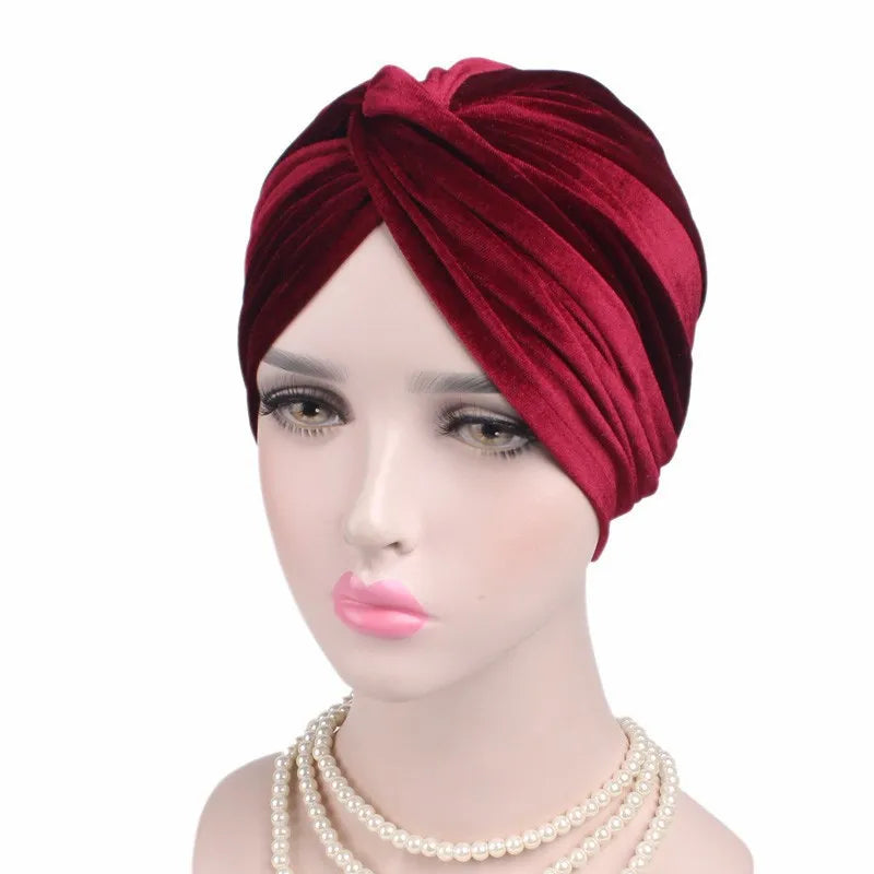 Soft Velvet Stretchy Turban Bonnet Muslim Winter Warm Hat Forehead Cross Hijab Caps Female Underscarf Cap Indian Hat Turbante