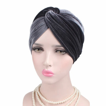 Soft Velvet Stretchy Turban Bonnet Muslim Winter Warm Hat Forehead Cross Hijab Caps Female Underscarf Cap Indian Hat Turbante