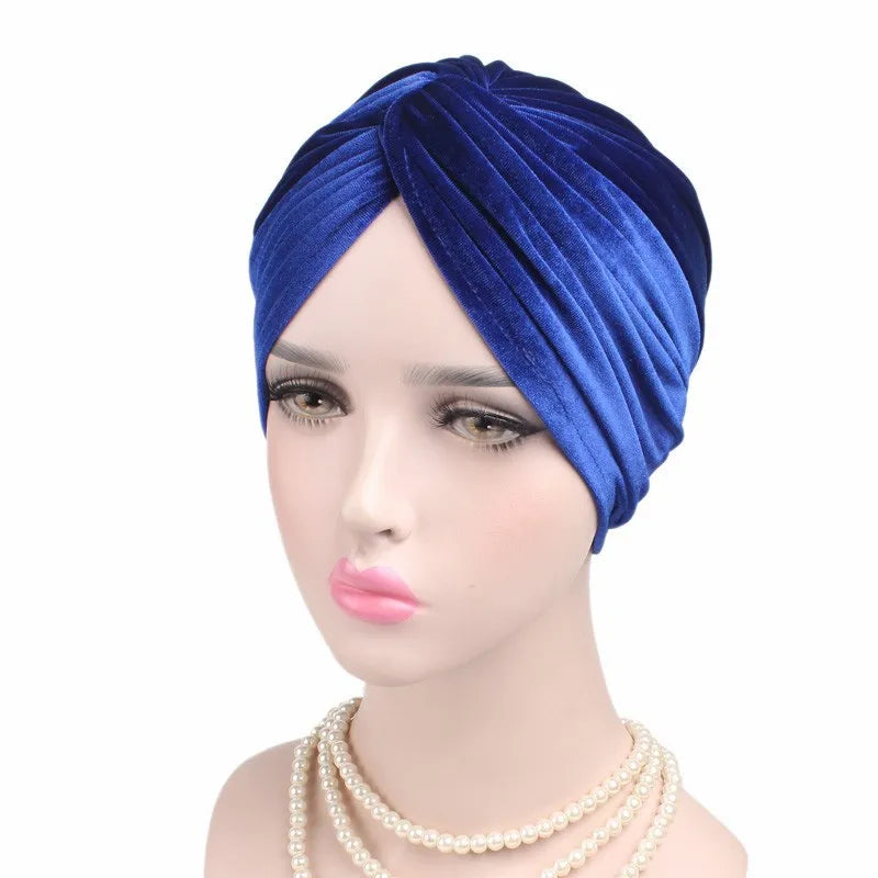 Soft Velvet Stretchy Turban Bonnet Muslim Winter Warm Hat Forehead Cross Hijab Caps Female Underscarf Cap Indian Hat Turbante