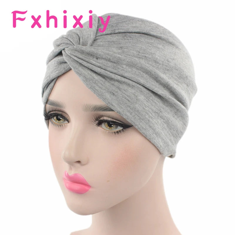 Muslim Women Stretchy Solid Cross Knot Cotton Turban Hat Chemo Beanie Cap Headwear Headwrap Plated for Cancer Hair Loss Cover