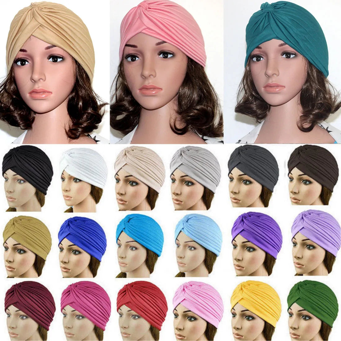 Muslim Hat Turban Fashion Solid Women's Knotted Headbands Girls Headdress Stretchy Bandanas Chemo Indian Cap Hair Accessories