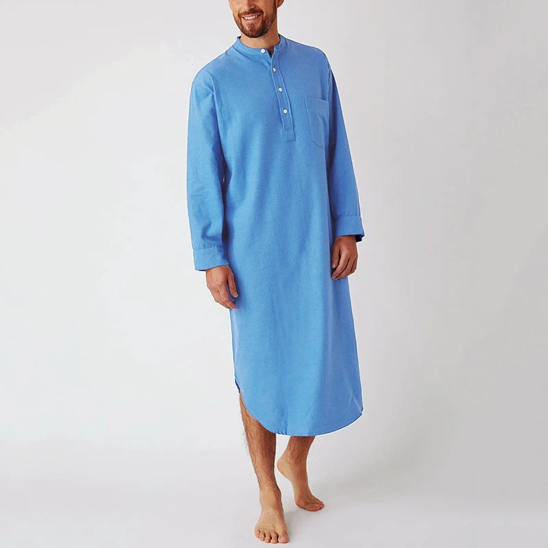 Men's Cotton Button-down Sleep Robe Solid Color Stand Neck Long Sleeve Nightgown Fashion Comfortable Home Loose Bathrobe