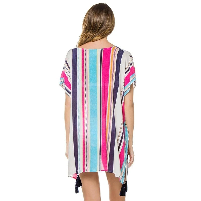 2023 Striped Tunic for Beach Bathing suit cover ups Chiffon Beach Dress Women Beachwear Bikini cover up Saida de Praia #Q533