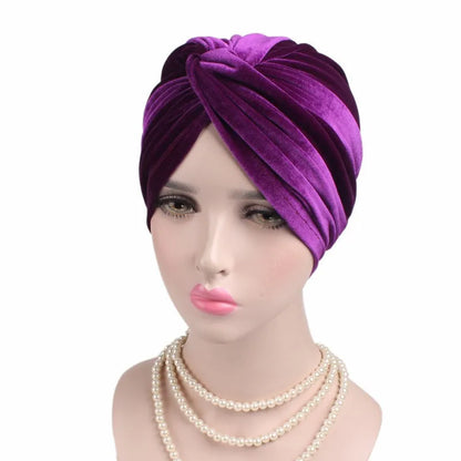 Soft Velvet Stretchy Turban Bonnet Muslim Winter Warm Hat Forehead Cross Hijab Caps Female Underscarf Cap Indian Hat Turbante