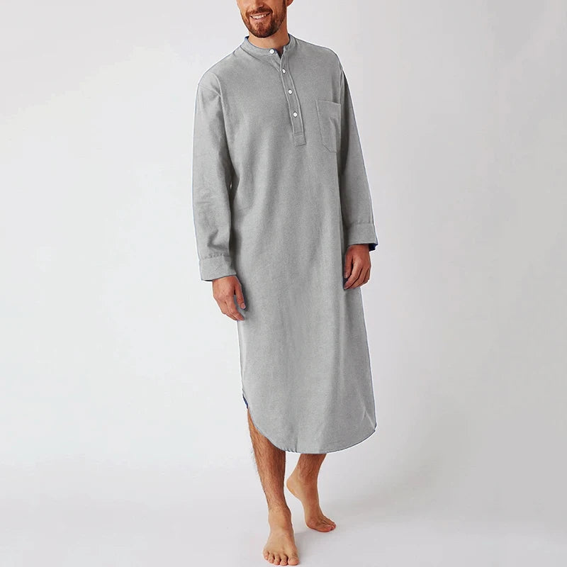 Men's Cotton Button-down Sleep Robe Solid Color Stand Neck Long Sleeve Nightgown Fashion Comfortable Home Loose Bathrobe