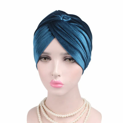 Soft Velvet Stretchy Turban Bonnet Muslim Winter Warm Hat Forehead Cross Hijab Caps Female Underscarf Cap Indian Hat Turbante