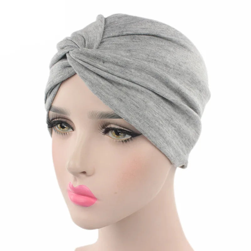 Muslim Women Stretchy Solid Cross Knot Cotton Turban Hat Chemo Beanie Cap Headwear Headwrap Plated for Cancer Hair Loss Cover