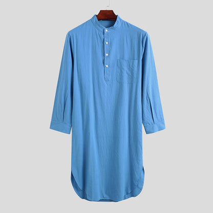 Men's Cotton Button-down Sleep Robe Solid Color Stand Neck Long Sleeve Nightgown Fashion Comfortable Home Loose Bathrobe