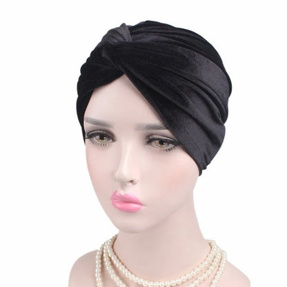 Soft Velvet Stretchy Turban Bonnet Muslim Winter Warm Hat Forehead Cross Hijab Caps Female Underscarf Cap Indian Hat Turbante