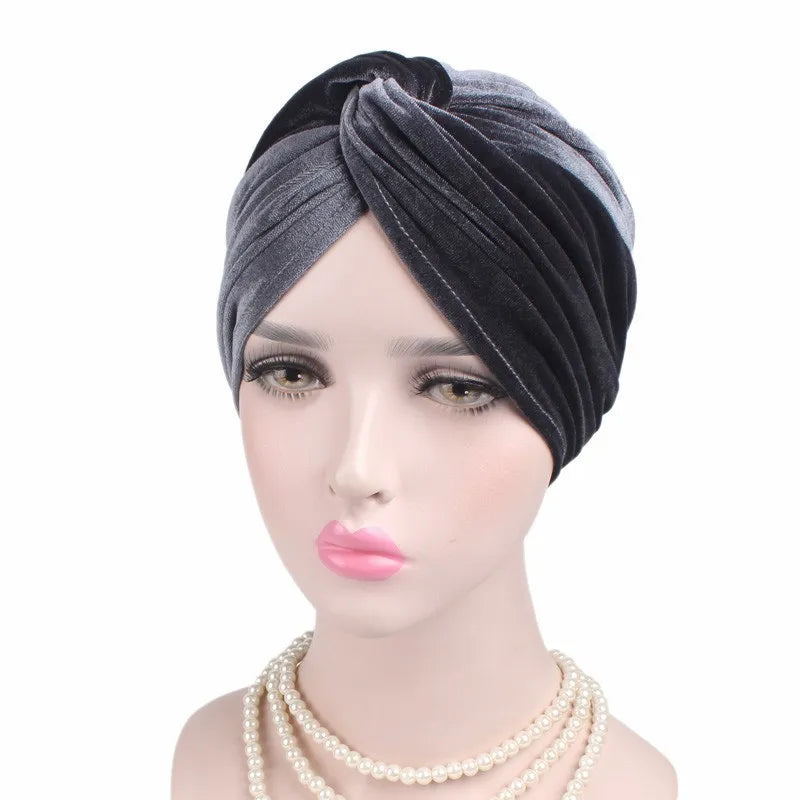 Soft Velvet Stretchy Turban Bonnet Muslim Winter Warm Hat Forehead Cross Hijab Caps Female Underscarf Cap Indian Hat Turbante