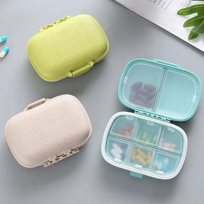 Mini Portable 8 Grids Pill Box Travel Medicine Organizer Container Wheat Sealed Tablets Storage Dispenser Box for Medicines