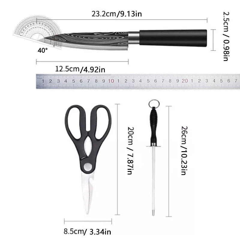 Laser Damascus Knife Set – Chef, Meat, Fruit Knives & Scissors