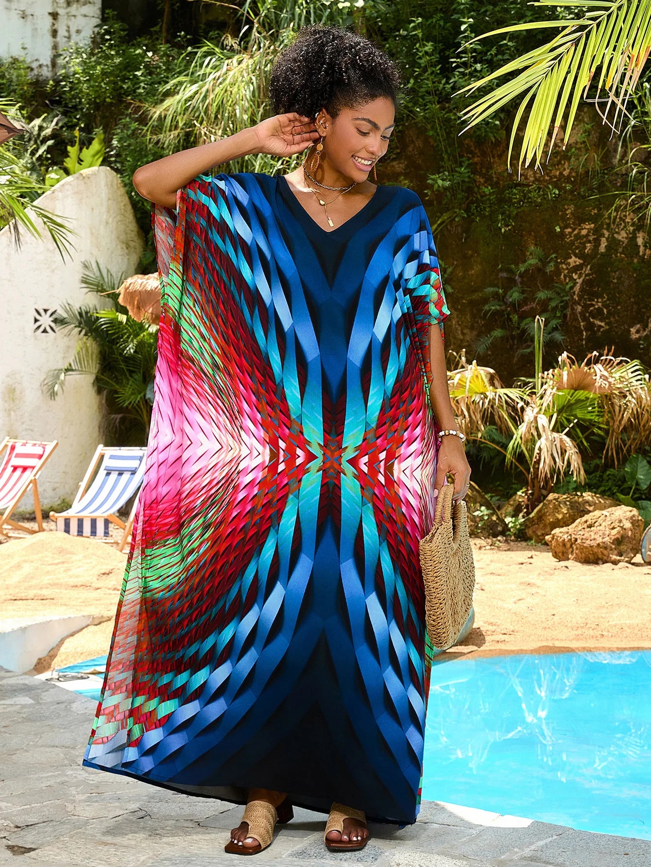 Women Floral Print Caftans Bathing Suit Cover Ups Plus Size Long Beach Cover Up Dress Kaftan Dresses