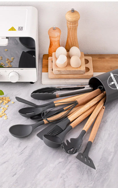 12Set of Wooden Handle Silicone Kitchen Tools Non-Stick Pan Cooking set