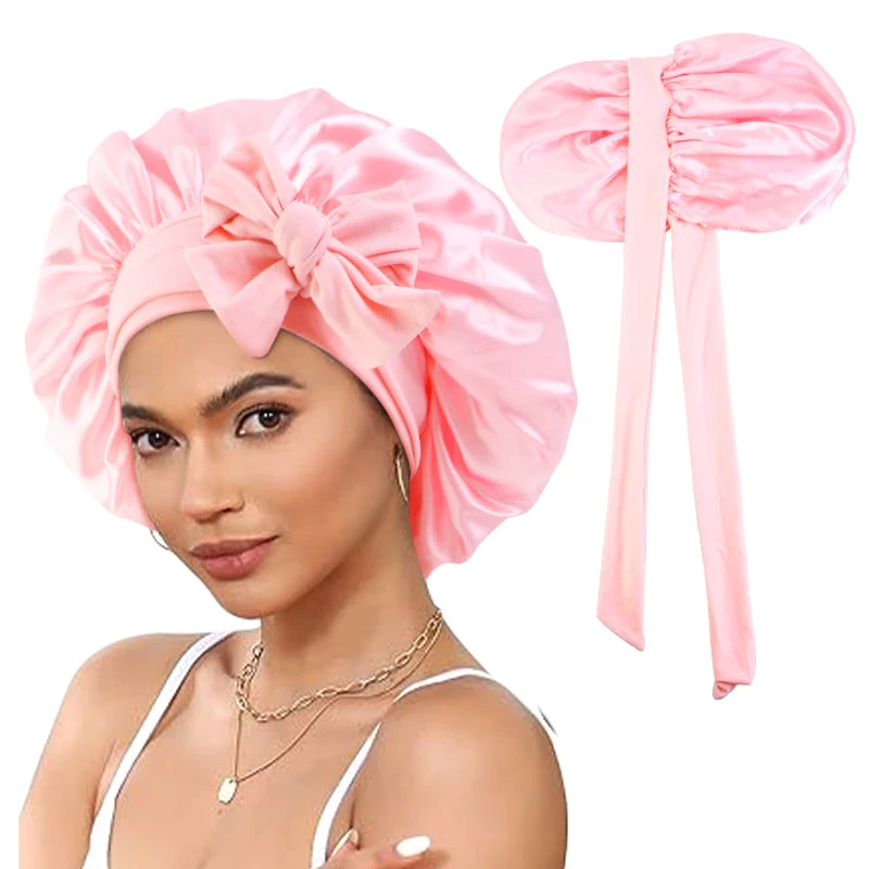 Fashion Satin Solid Color Sleeping Hat Stretchy With Tie Band Night Shower Cap Women Ladies Hair Head Cover Bonnet Turban