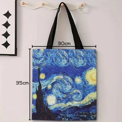 Van Gogh Series Linen Bag Oil Painting Starry Night Sunflower Apricot Flower Coffee Holder Handbag Lightweight Shoulder Bag