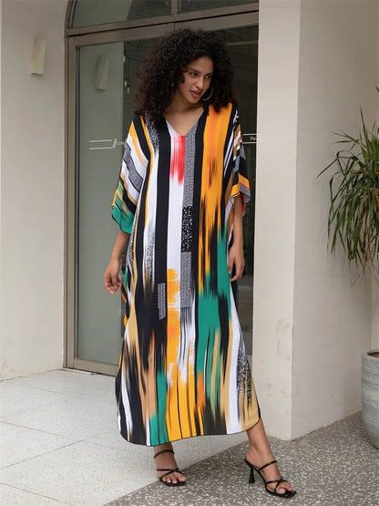 Bohemian Striped Print Plus Size Kaftan V-neck Side Split House Dress 2024 Summer Women's Beachwear Bathing Suit Cover Up Q1638