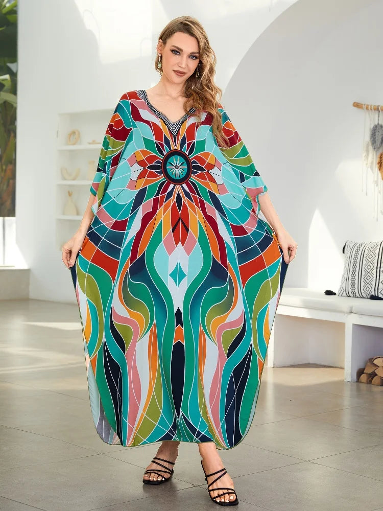 EDOLYNSA Bohemian Green Striped Women Beach Dress Robe Kaftan Relaxed Bathing Suit Cover Up Vacation Moo Moo Dress Outfit Q1638