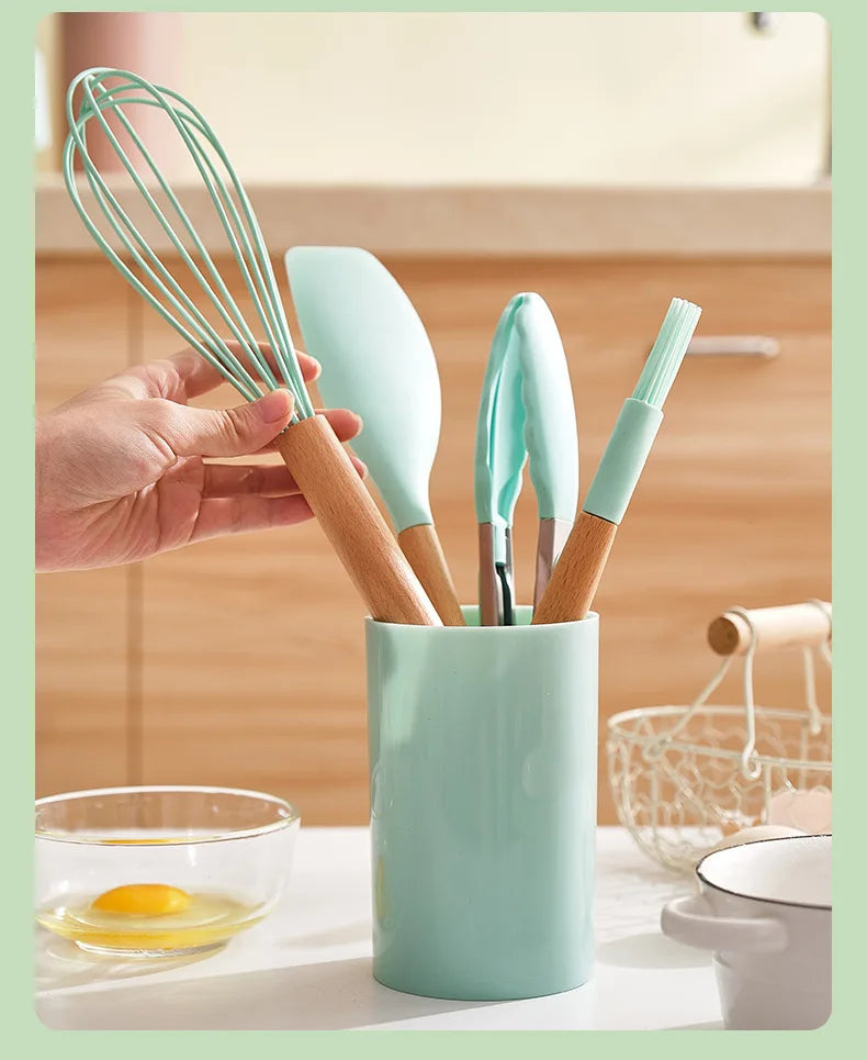 12Pcs Silicone Cooking Utensils Set – Wooden Handle, Non-Stick Kitchen Tools