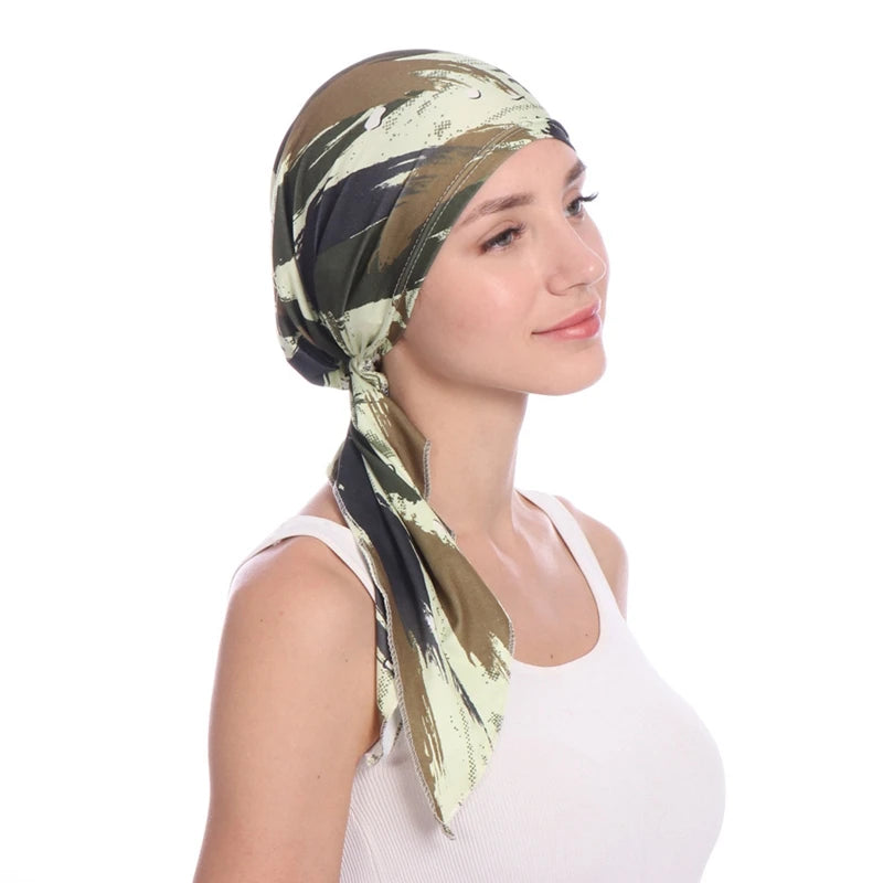 Women Headscarf Cap Floral Print Pre Long Tied Tassel Stretchy Head Wrap Hair Accessories Muslim Chemo Hat Turban Headwear