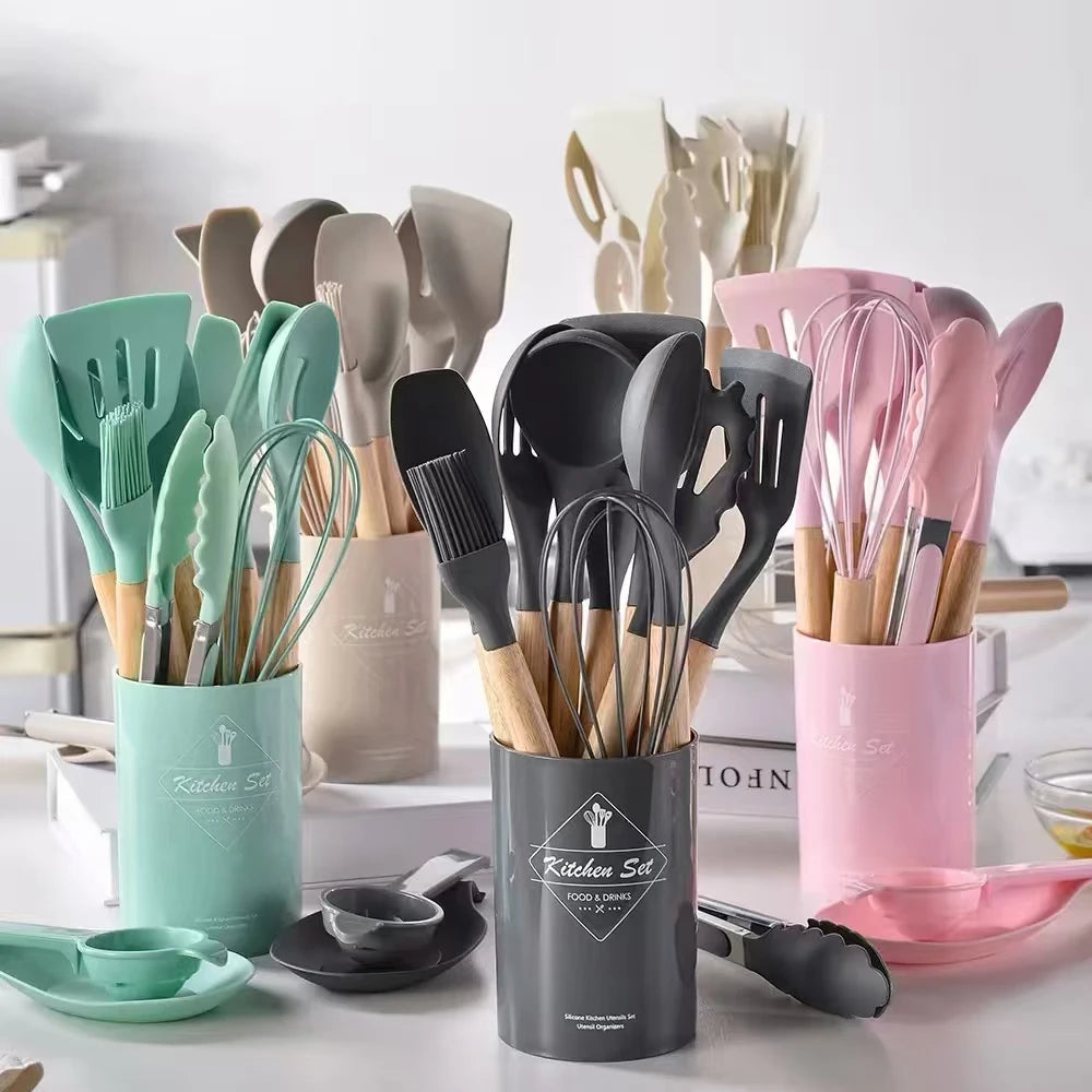 12Pcs Silicone Cooking Utensils Set – Wooden Handle, Non-Stick Kitchen Tools