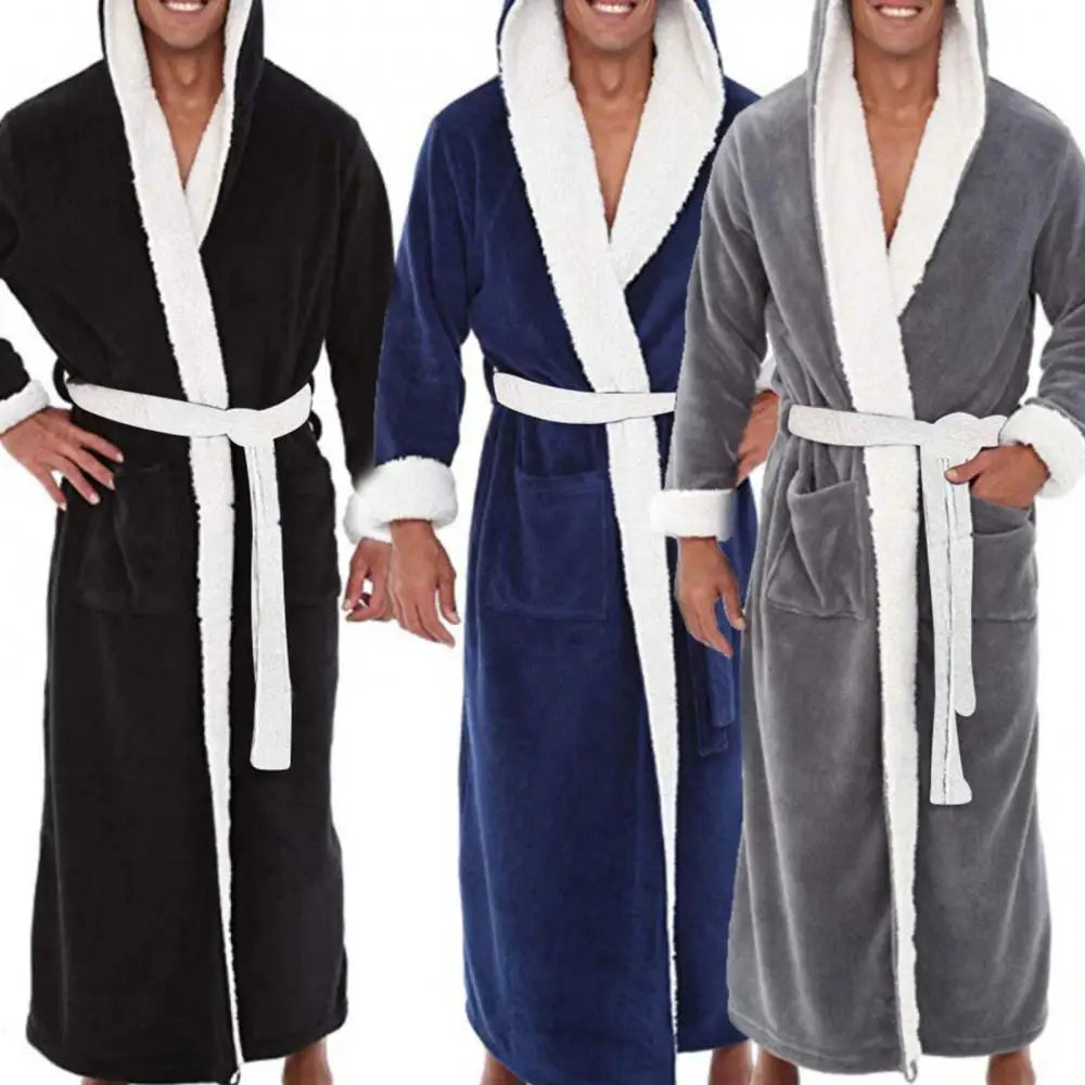 Pockets Soft Men Coral Fleece Color Block Long Bath Robe Home Gown Sleepwear