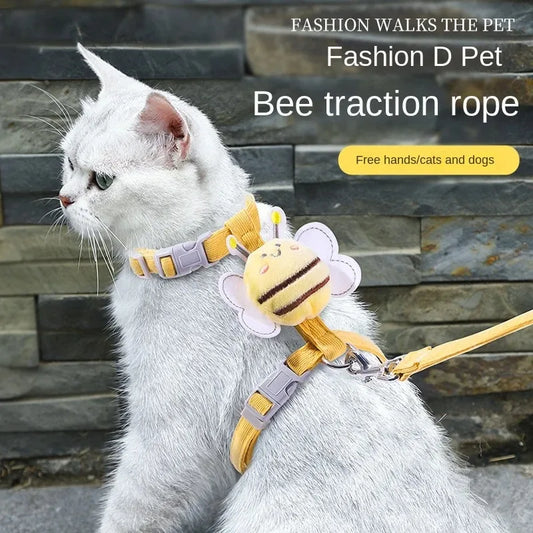 Adjustable Cartoon Bee Cat Harness with Leash – Small Medium Dogs & Cats