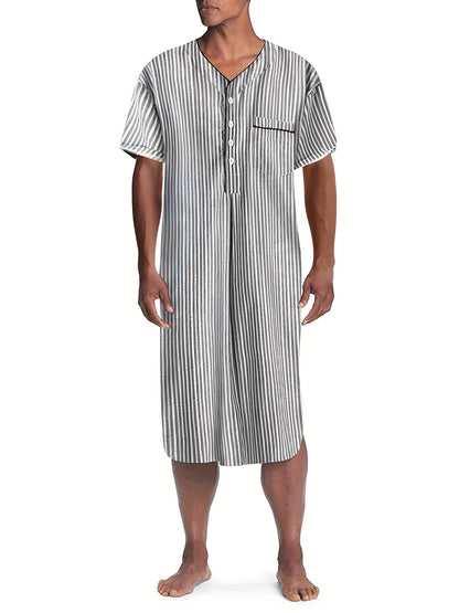 Men's Casual Button-down Long Sleeve V-neck Nightgown Fashion Homewear Loose Fit Striped Premium Pajamas 2024 New