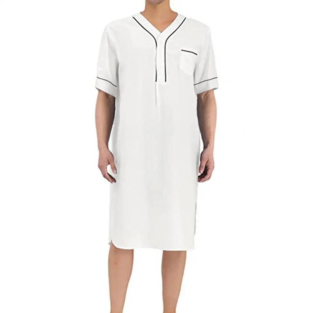 Men Short Sleeve Casual Nightgown Patch Pocket Mid-calf Length Sleep Robe Leisure Nightdress Home Wear