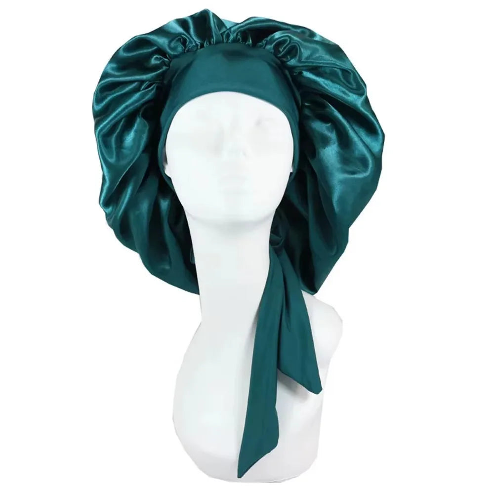 New Satin Solid Sleeping Hat With Stretchy Tie Band Elastic For Women Night Shower Cap Adjustable Hair Head Cover Bonnet Turban